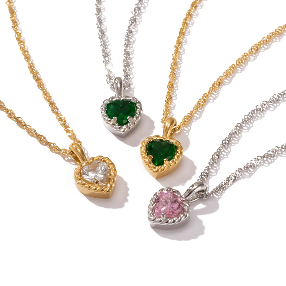 Inlaid white gold/pink/green zircon heart shaped pendant necklace