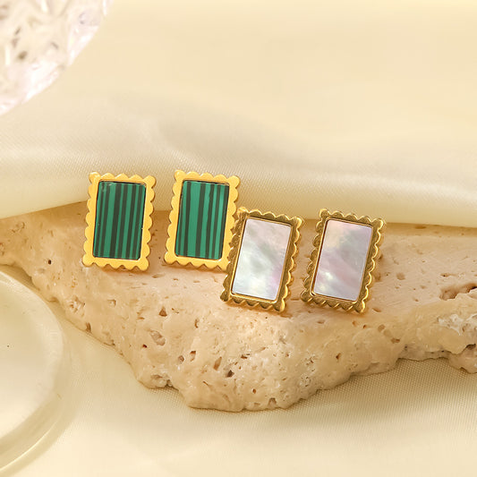 18K Gold Plated Inlaid Malachite/White Shell Square Earrings