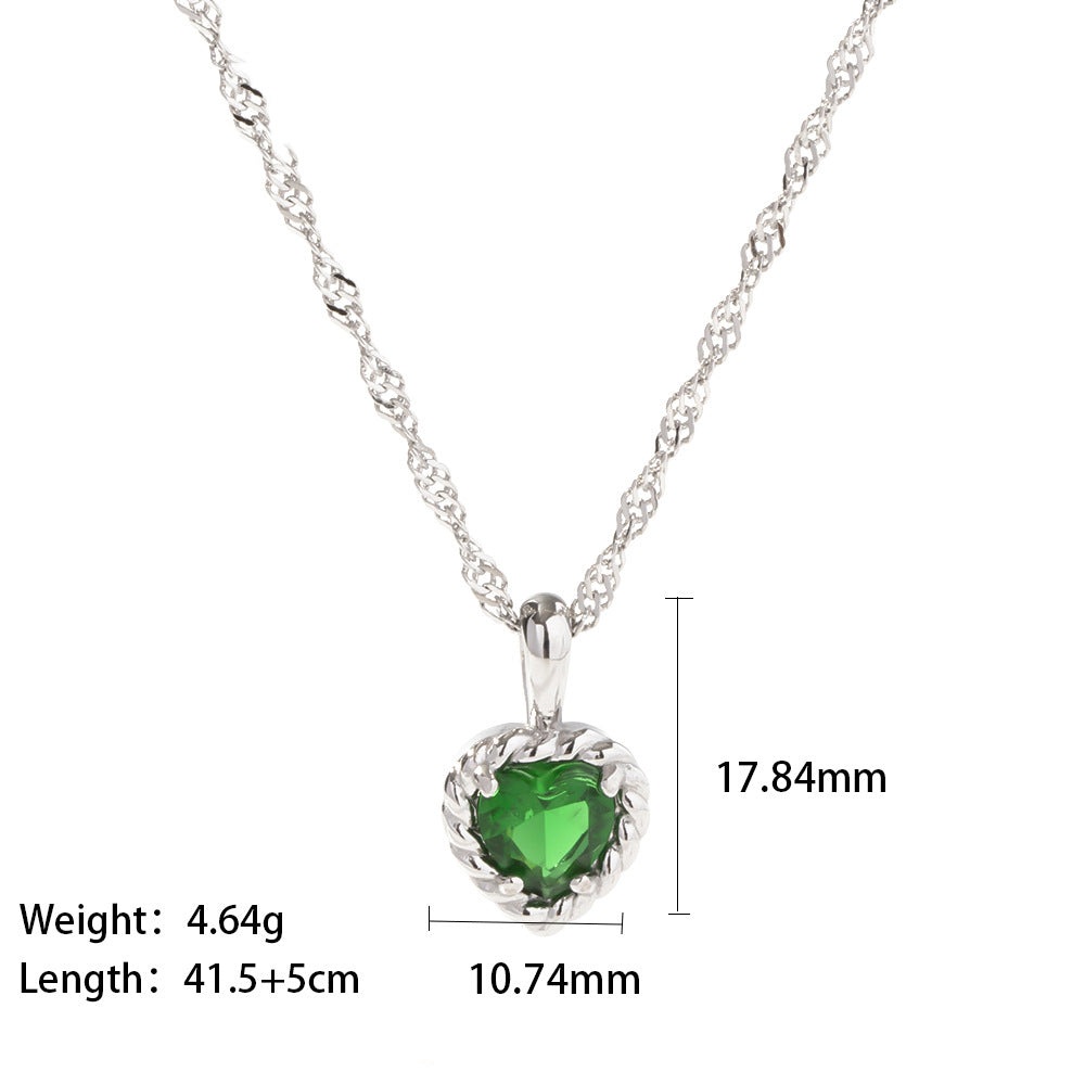 Inlaid white gold/pink/green zircon heart shaped pendant necklace