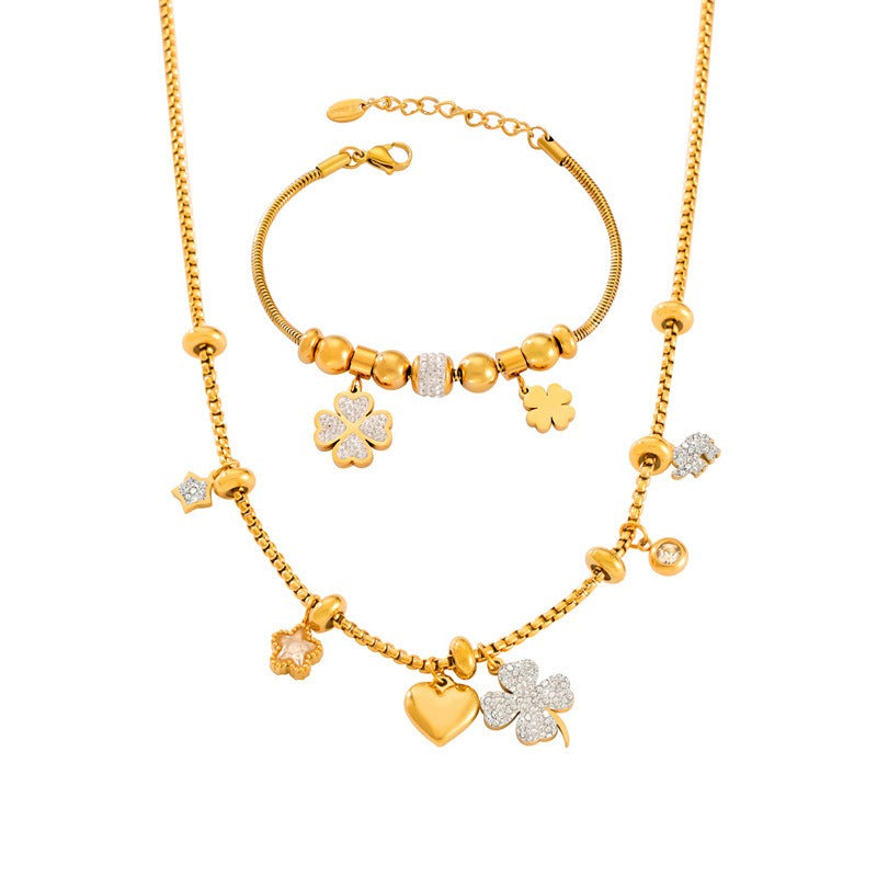 18K Gold Trendy Fashion Lucky Four Leaf Clover Diamond Design Bracelet Necklace Set