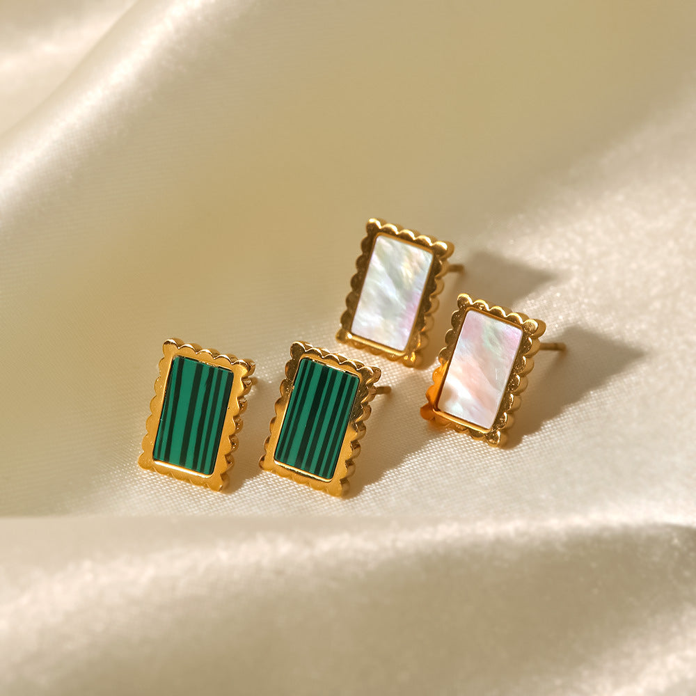 18K Gold Plated Inlaid Malachite/White Shell Square Earrings