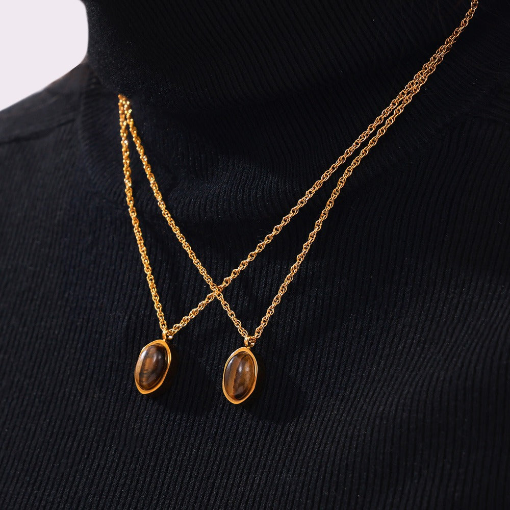 18K gold exquisite and noble geometric inlaid gemstone design simple style pendant necklace