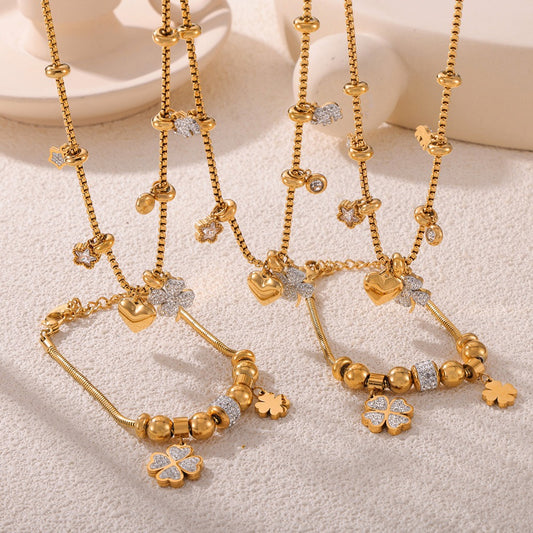 18K Gold Trendy Fashion Lucky Four Leaf Clover Diamond Design Bracelet Necklace Set