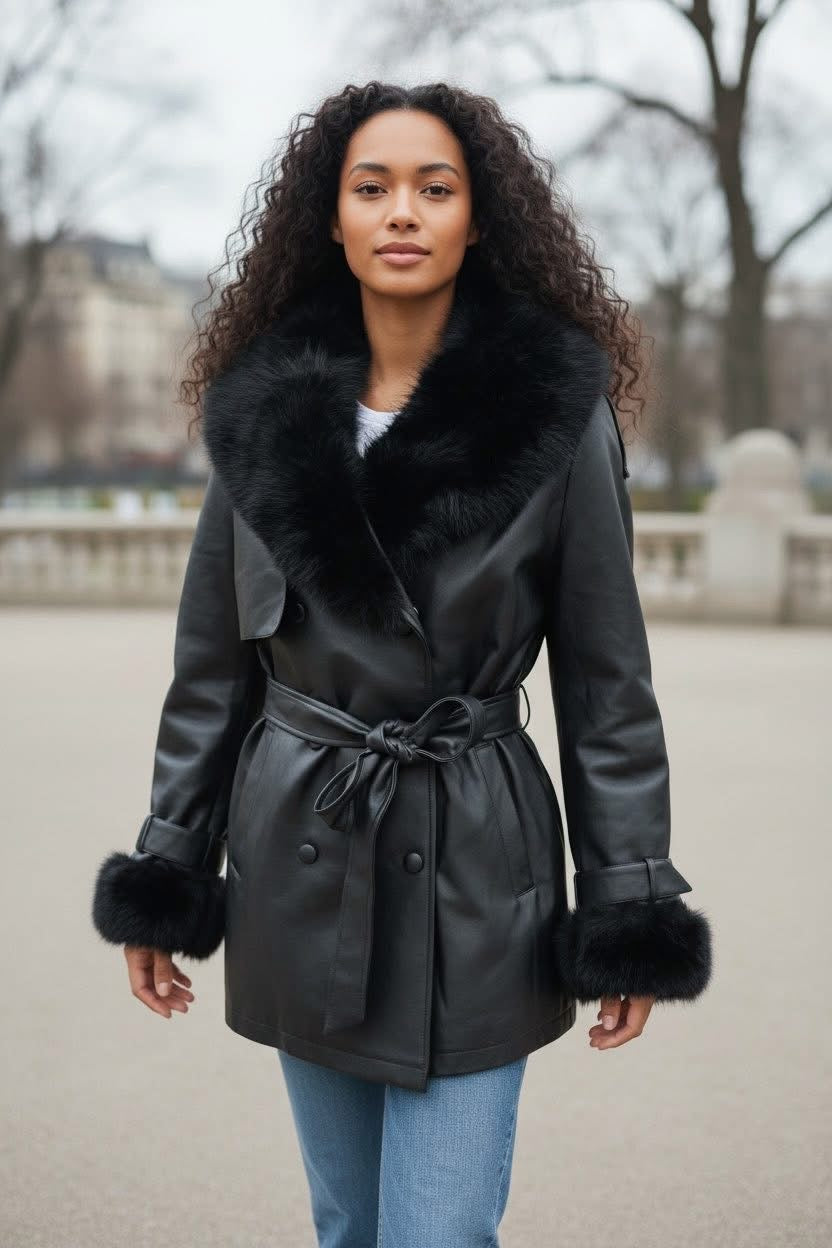 Fekete szőrmés bőrkabát