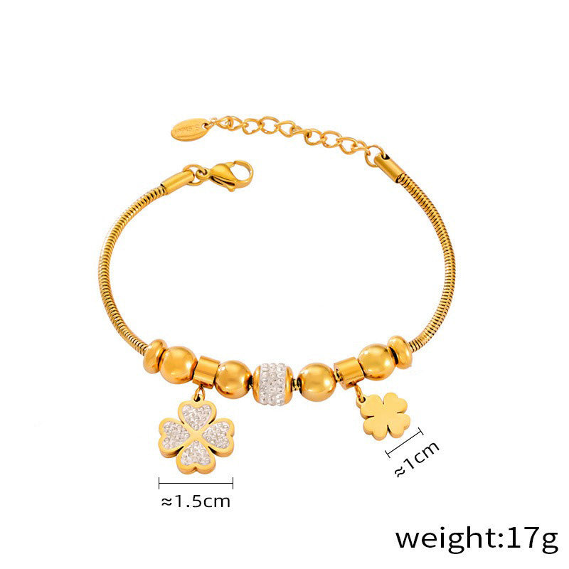 18K Gold Trendy Fashion Lucky Four Leaf Clover Diamond Design Bracelet Necklace Set