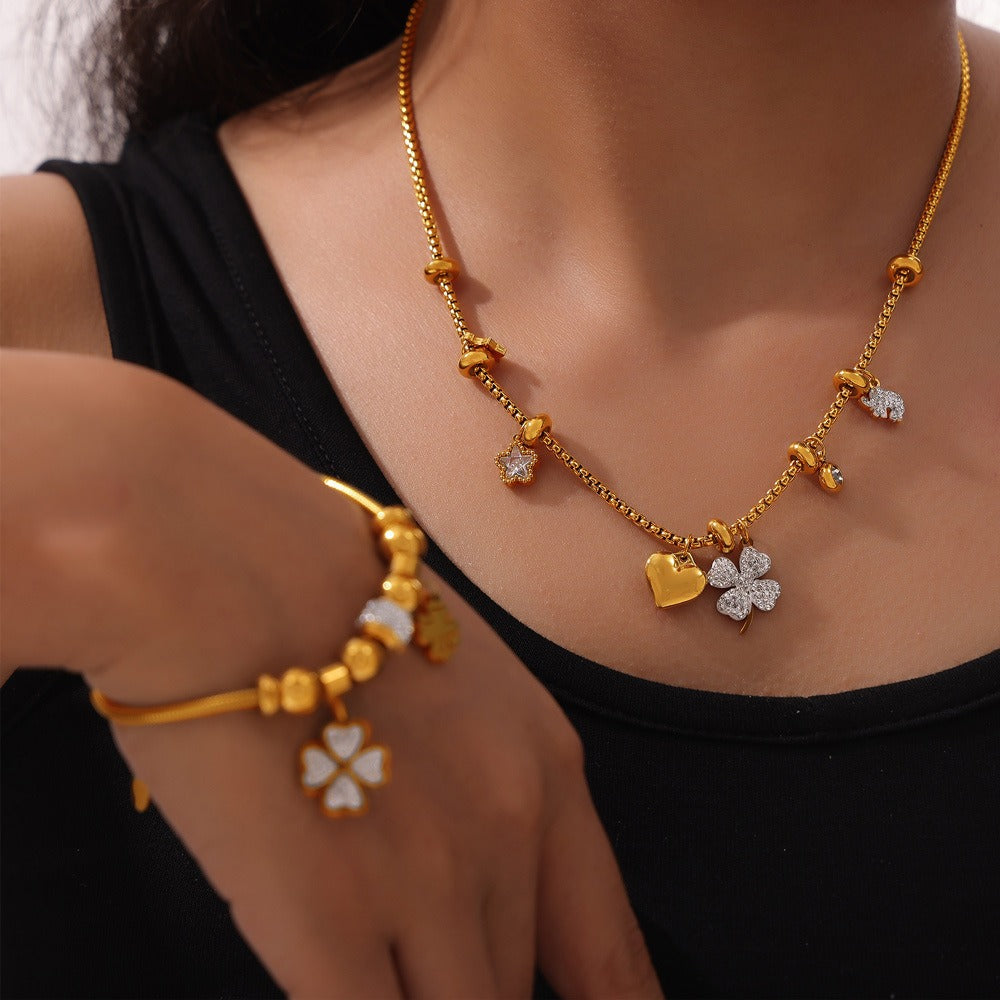 18K Gold Trendy Fashion Lucky Four Leaf Clover Diamond Design Bracelet Necklace Set