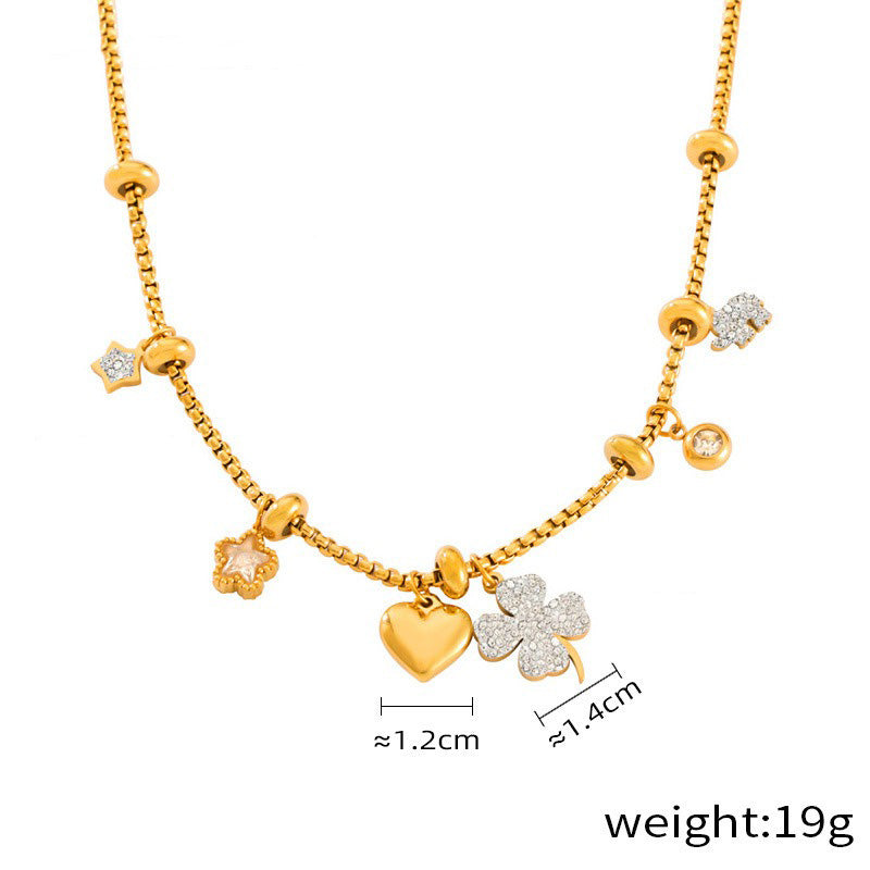 18K Gold Trendy Fashion Lucky Four Leaf Clover Diamond Design Bracelet Necklace Set